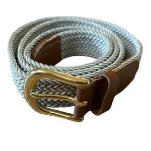 Vintage 90s Skinny Woven Stretch Belt 1” Leather Tabs Gold Buckle Coastal Preppy